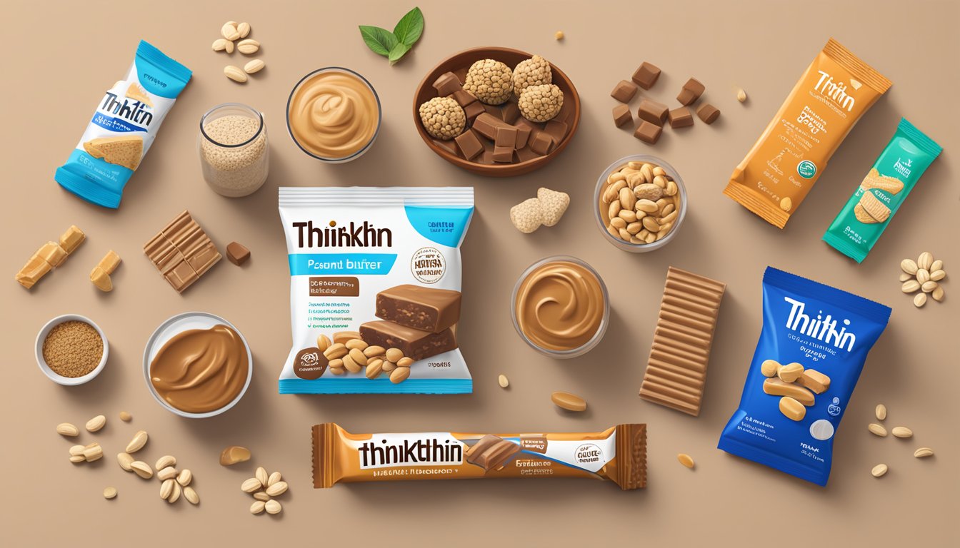 A table with ThinkThin High Protein Bars in Chunky Peanut Butter flavor, surrounded by various health and wellness items