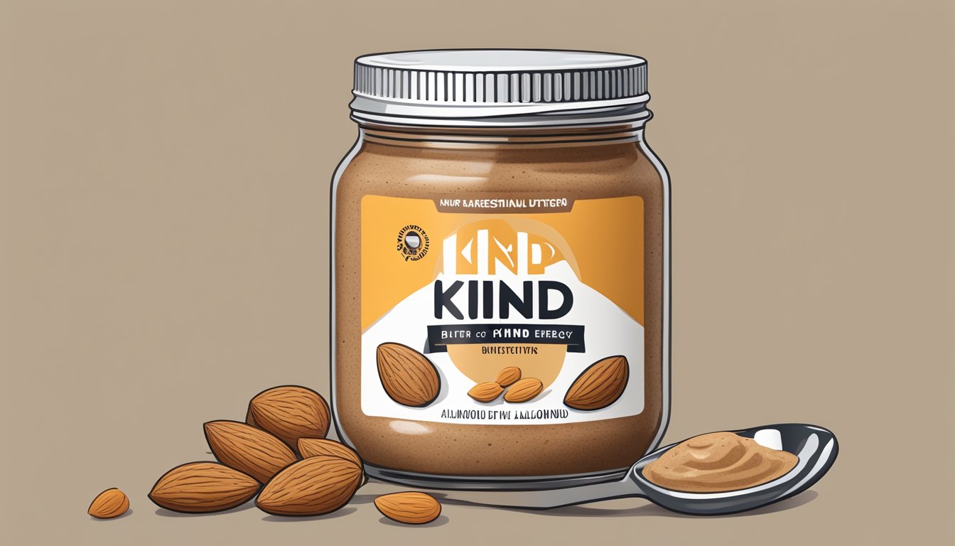 A jar of KIND Energy Almond Butter surrounded by scattered almonds and a measuring spoon