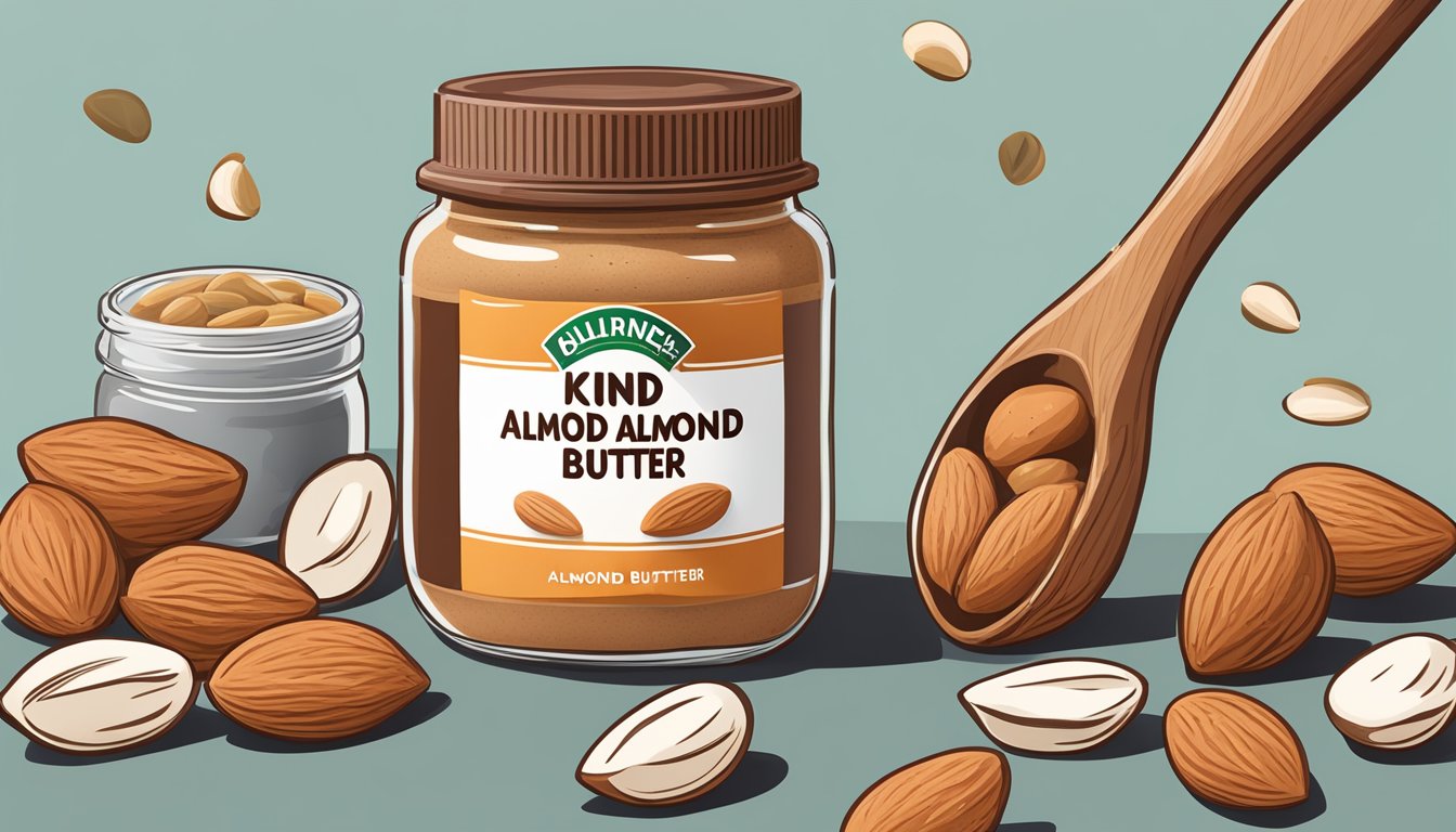 A jar of KIND Energy Almond Butter surrounded by almonds and a measuring spoon