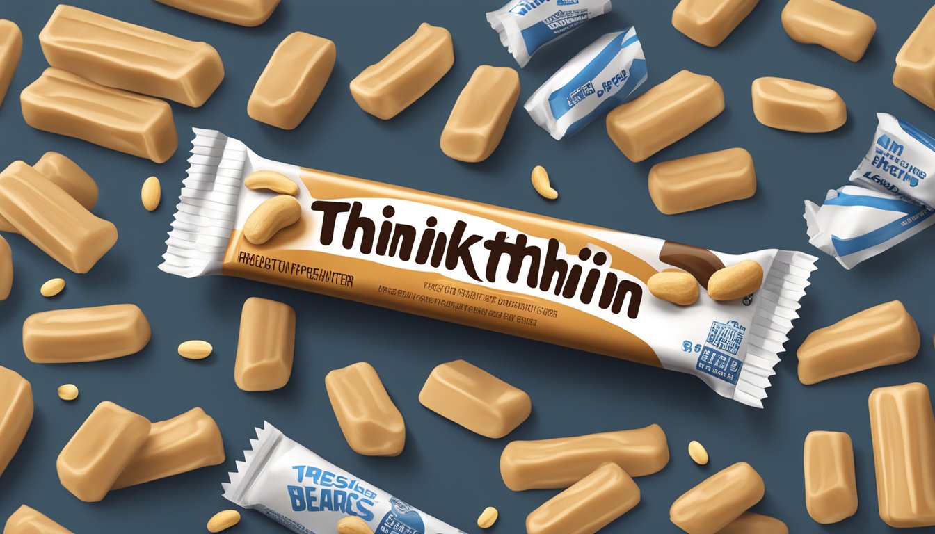 A close-up of a ThinkThin High Protein Bars Chunky Peanut Butter wrapper surrounded by scattered peanuts and a measuring tape