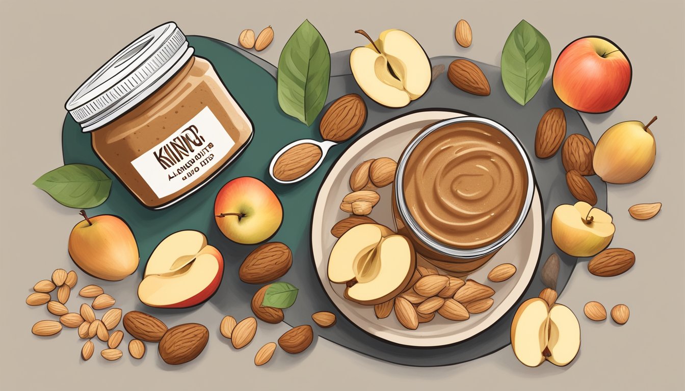 A jar of KIND Energy Almond Butter surrounded by a variety of nuts and seeds, with a plate of sliced apples and a spoonful of the almond butter on the side