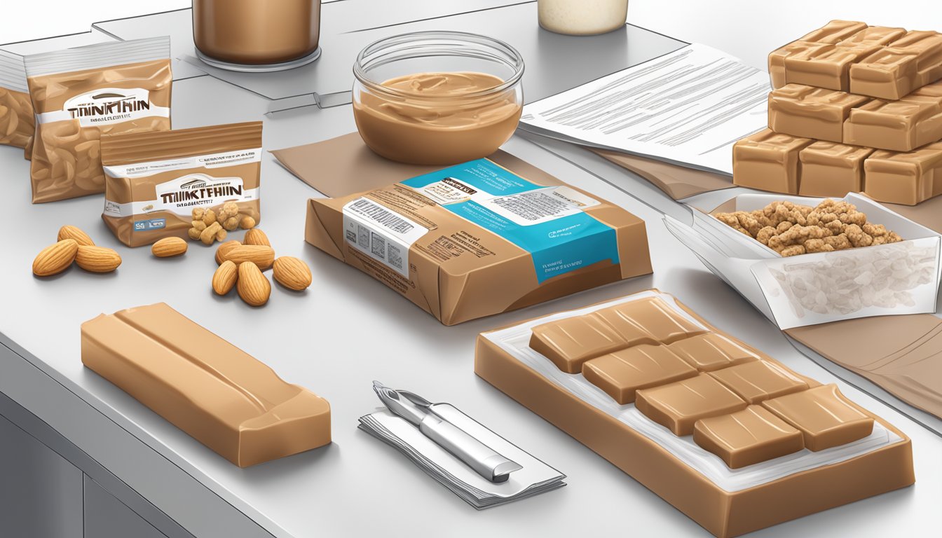 A table with ThinkThin High Protein Bars Chunky Peanut Butter packaging surrounded by manufacturing equipment and legal documents