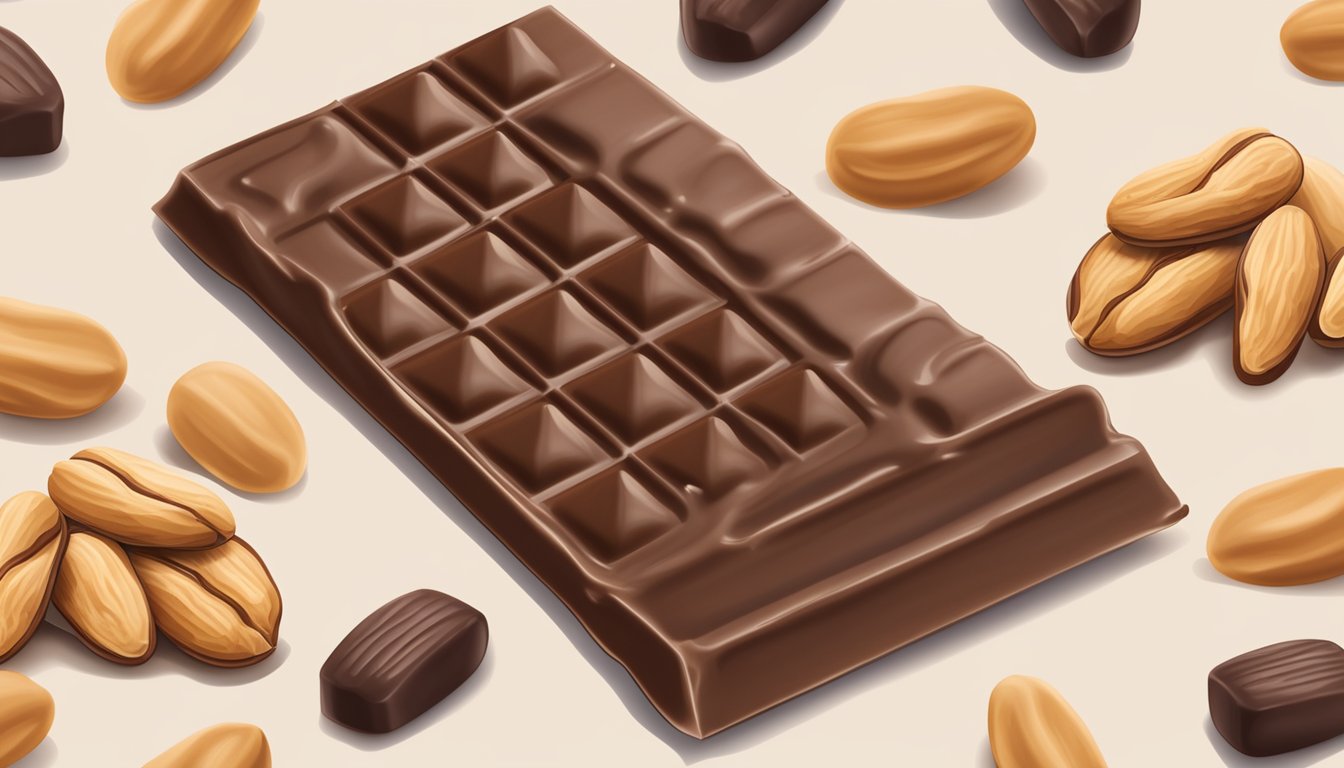 A chocolate peanut butter Atkins Advantage bar surrounded by scattered peanuts and cocoa beans