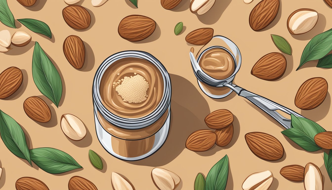 A jar of KIND Energy Almond Butter surrounded by almonds and a measuring spoon