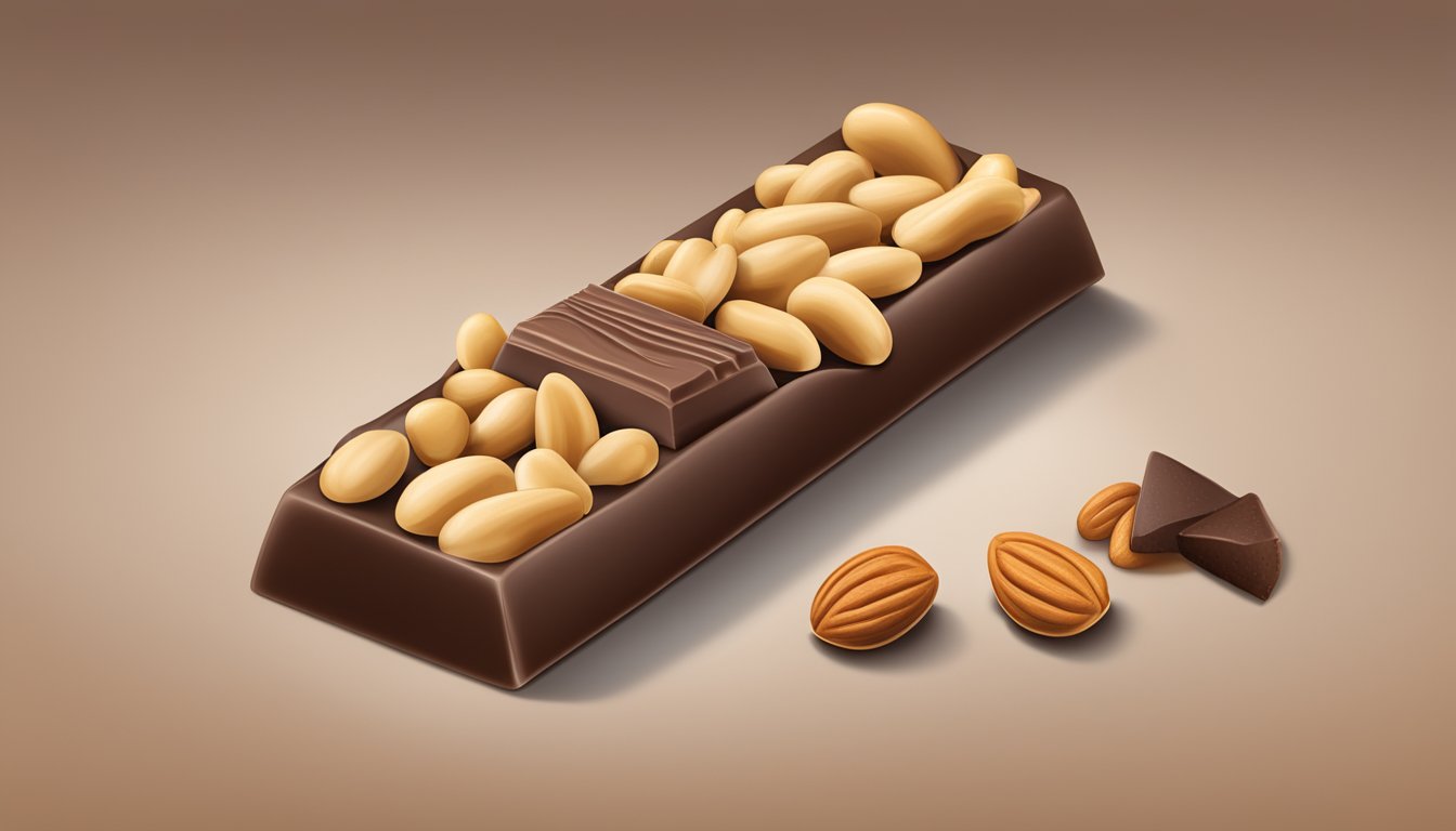 An Atkins Advantage Bar in Chocolate Peanut Butter flavor surrounded by peanuts and cocoa beans