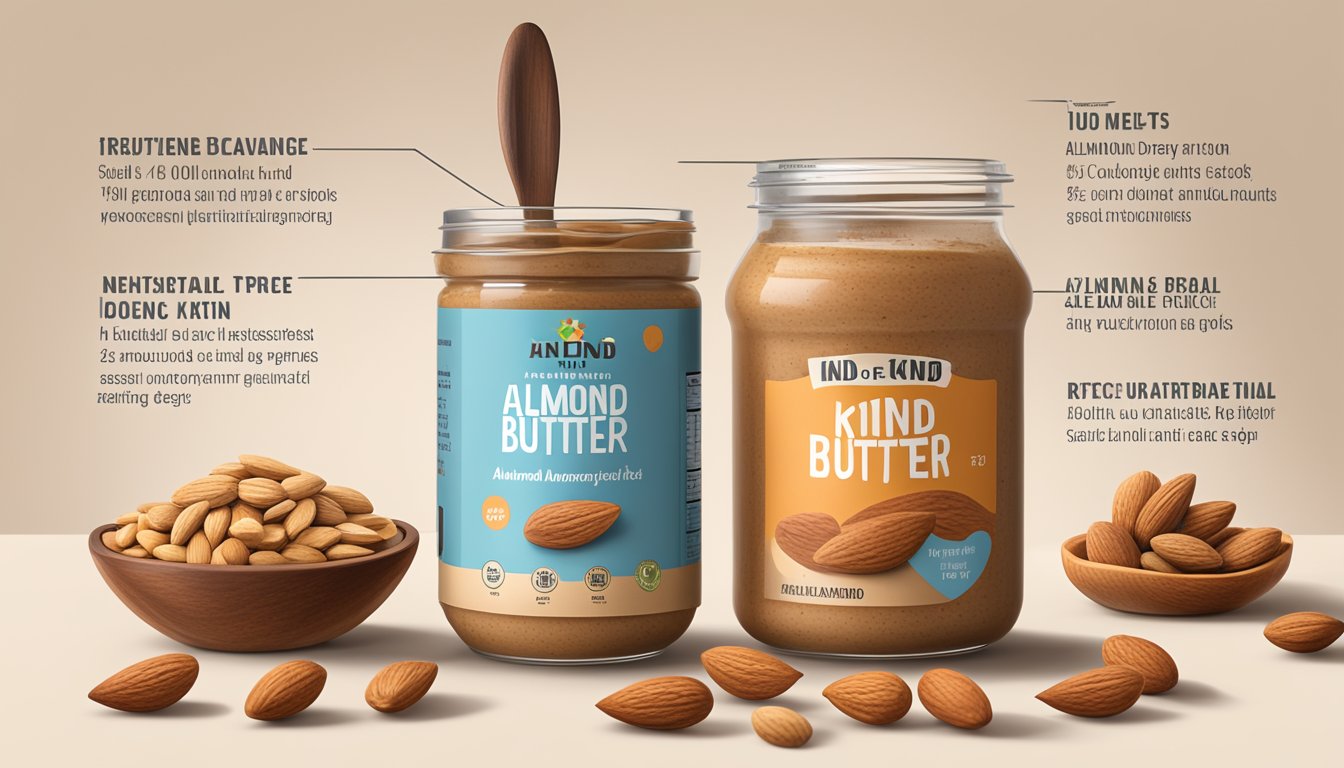 A jar of KIND Energy Almond Butter surrounded by almonds and a measuring spoon, with the nutritional facts displayed nearby