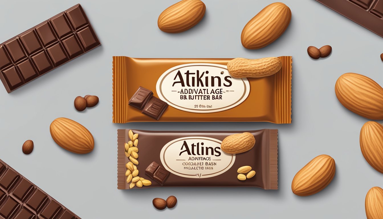 A chocolate peanut butter Atkins Advantage bar surrounded by fresh peanuts and cacao pods