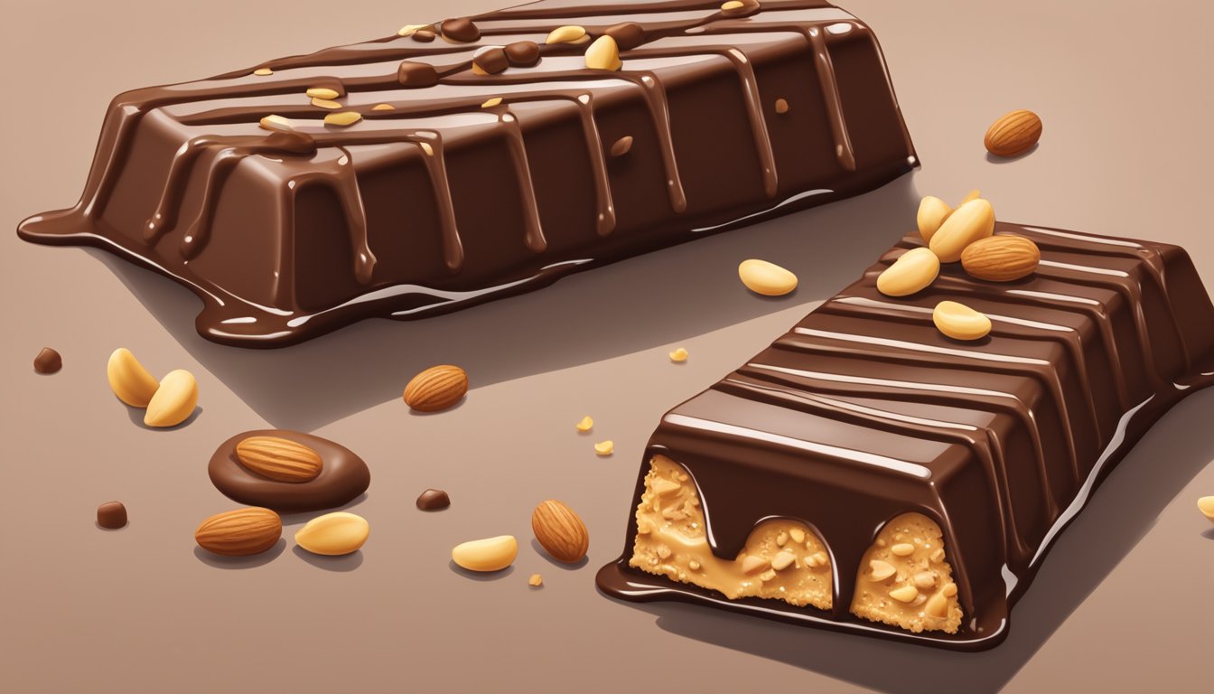 A chocolate peanut butter Atkins Advantage bar surrounded by scattered nuts and a drizzle of chocolate sauce on a clean, modern surface