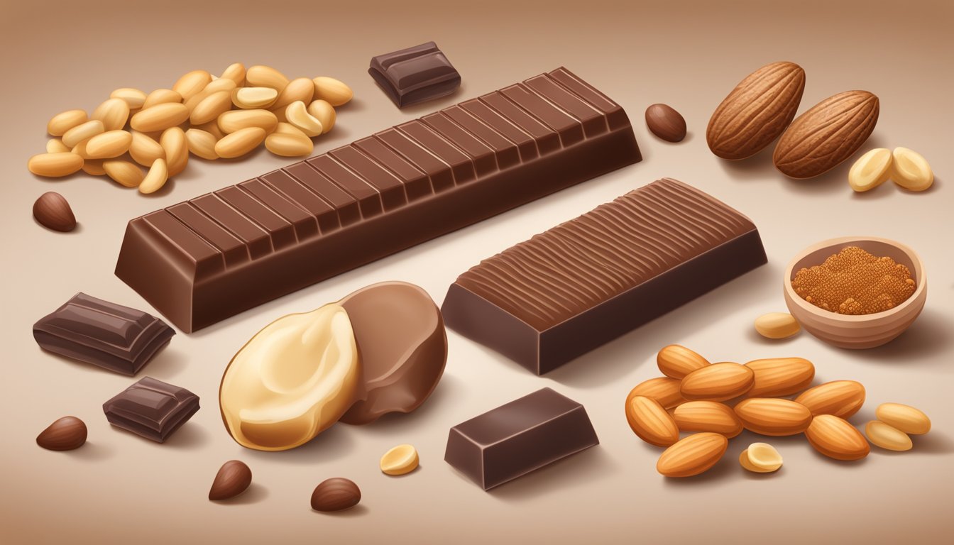 A chocolate peanut butter Atkins bar surrounded by scattered ingredients like peanuts and cocoa beans