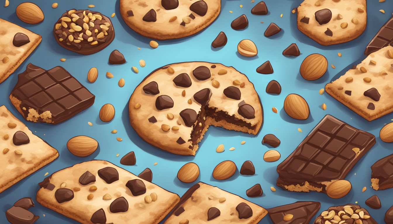 A large, open cookie with visible chunks of nuts and chocolate, surrounded by scattered crumbs and a few loose ingredients