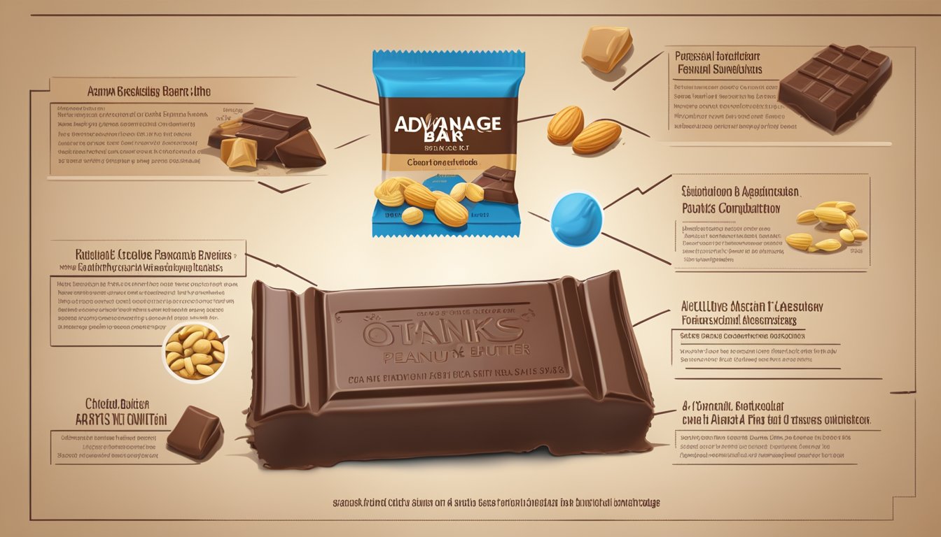 A chocolate peanut butter Atkins Advantage bar surrounded by scattered nutritional facts and ingredients