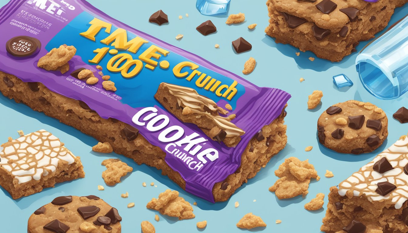 A table with the open wrapper of a MET-Rx Big 100 Colossal Super Cookie Crunch bar, surrounded by scattered crumbs and a glass of water