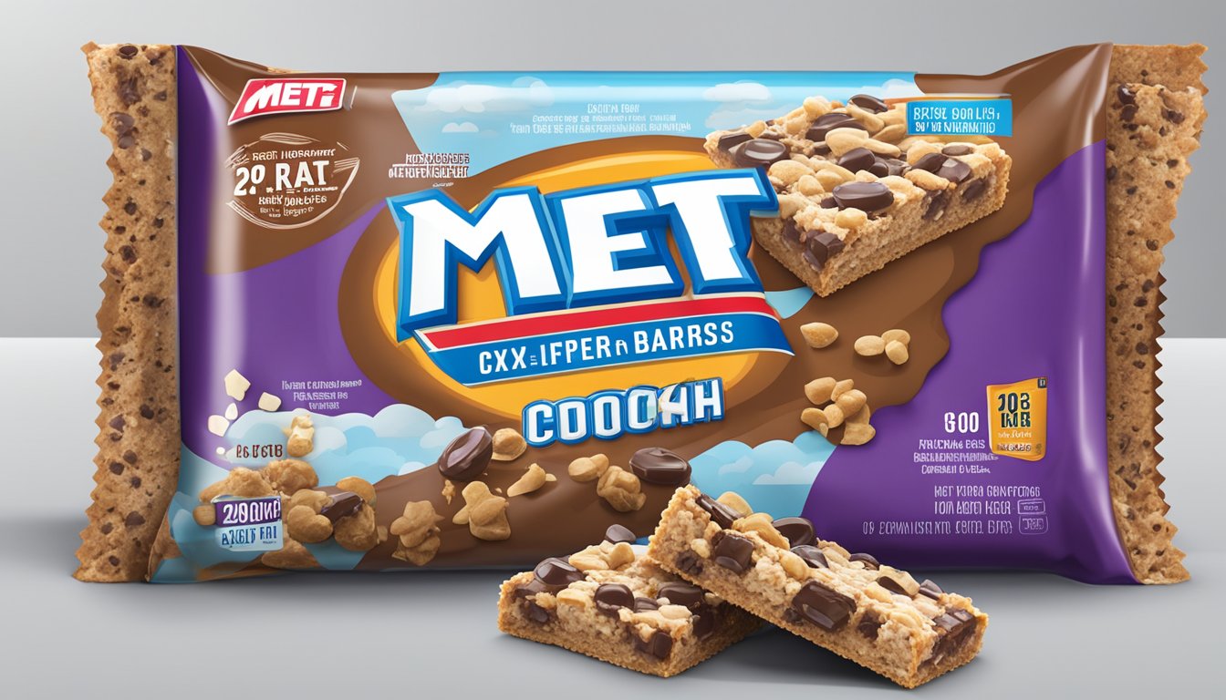 A large, open package of MET-Rx Big 100 Colossal Super Cookie Crunch bars surrounded by scattered nutritional facts