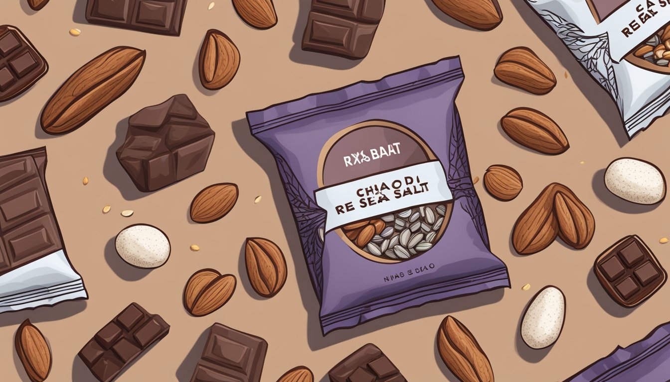 A table with a wrapped RXBar Chocolate Sea Salt, surrounded by scattered nuts and cacao beans