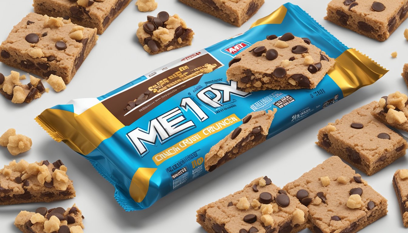 A close-up of the MET-Rx Big 100 Colossal Super Cookie Crunch bar surrounded by scattered cookie crumbs and a digital device displaying the nutritional facts