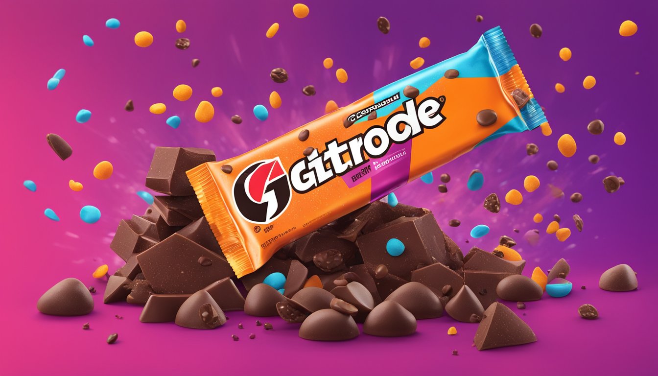 A Gatorade Prime Energy Bar Chocolate Chip surrounded by scattered chocolate chips and a backdrop of energetic, vibrant colors