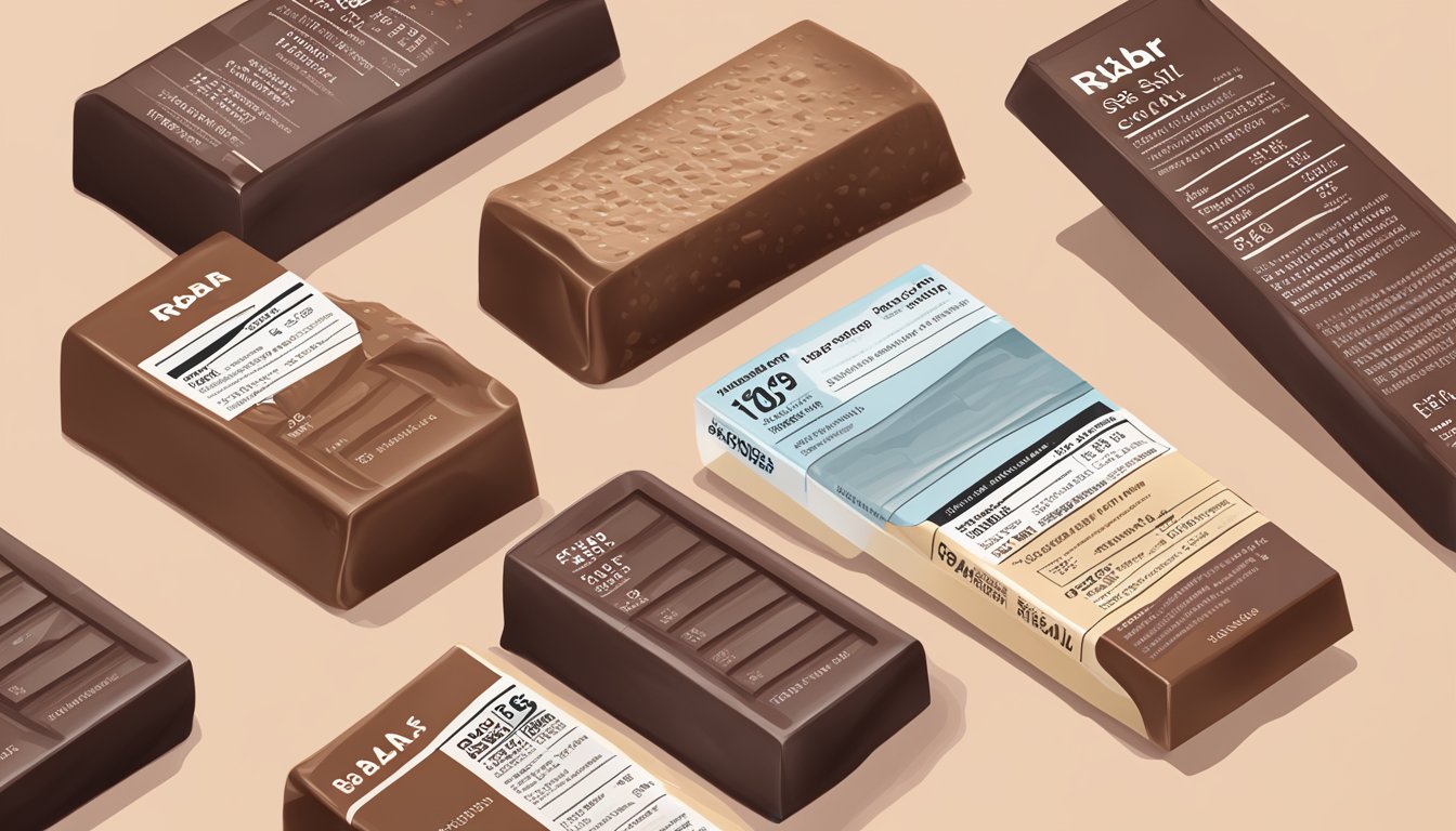 A bar of RXBar Chocolate Sea Salt stands next to other bars, showcasing its nutritional facts