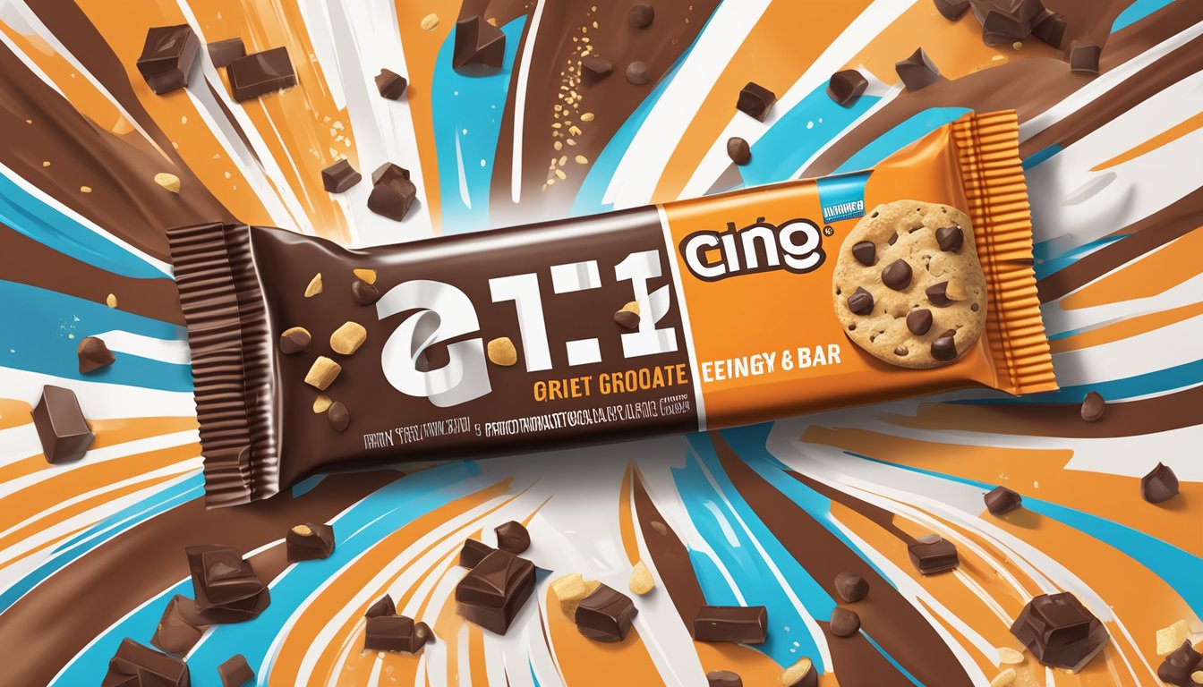 A chocolate chip Gatorade Prime Energy Bar surrounded by scattered nutritional facts and ingredients