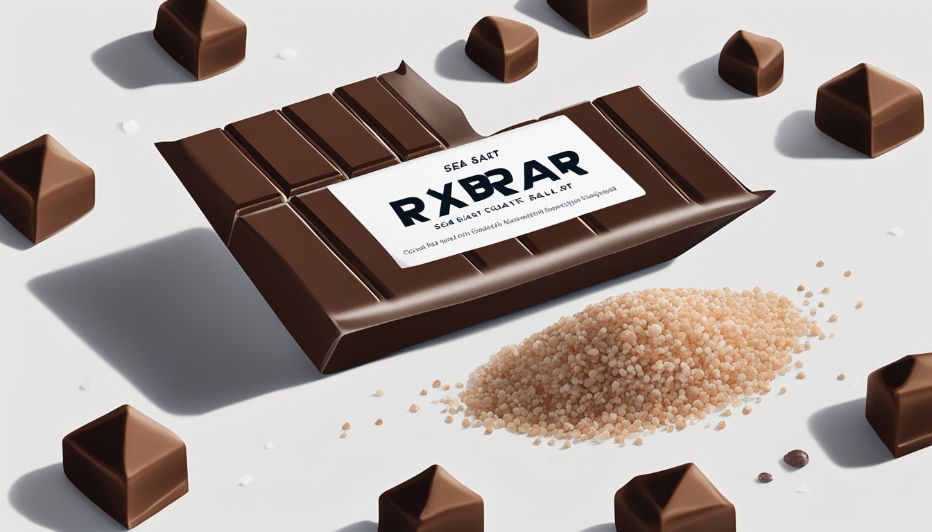 A bar of RXBar Chocolate Sea Salt sits on a clean, white surface, surrounded by scattered sea salt crystals and cocoa beans