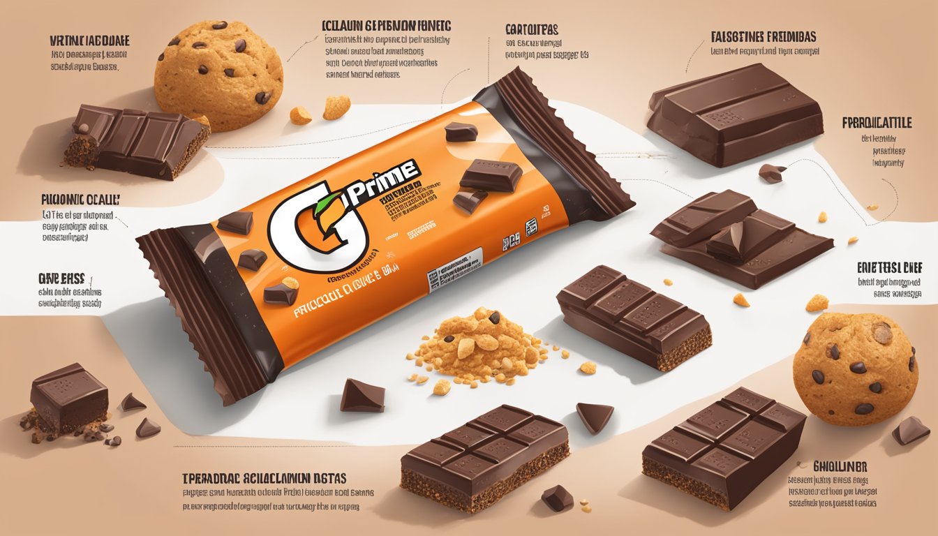 A Gatorade Prime Energy Bar Chocolate Chip surrounded by scattered nutritional facts and ingredients