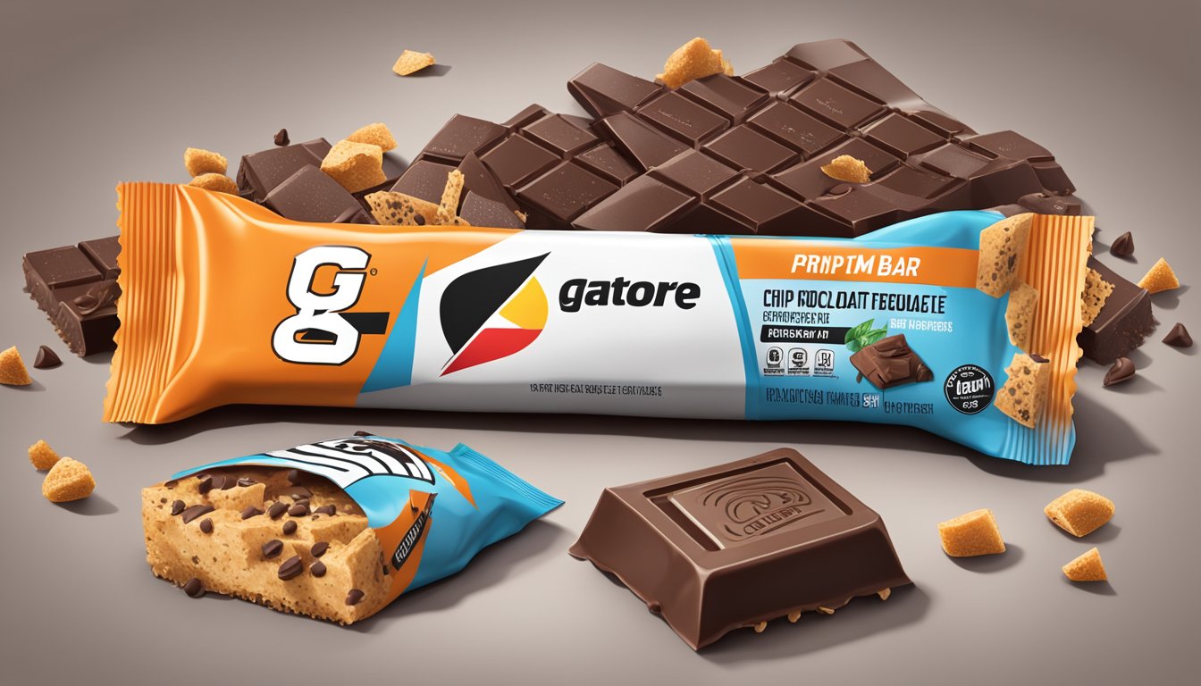 A Gatorade Prime Energy Bar Chocolate Chip surrounded by scattered nutritional facts and ingredients