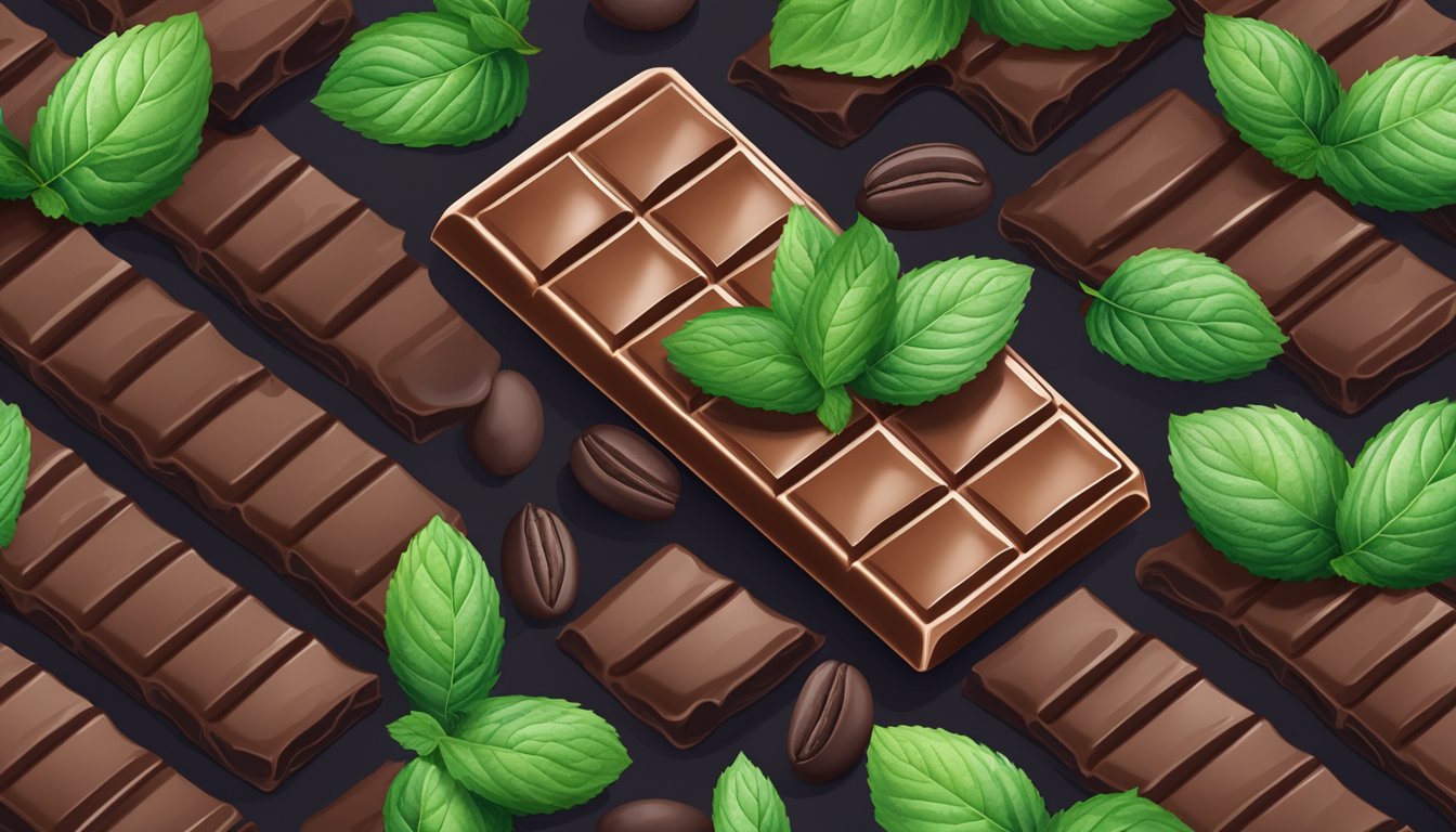 A chocolate mint nutrition bar surrounded by fresh mint leaves and cocoa beans