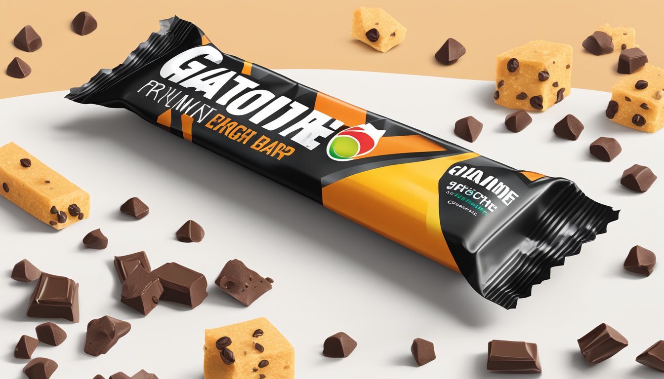 A Gatorade Prime Energy Bar Chocolate Chip surrounded by scattered nutritional facts