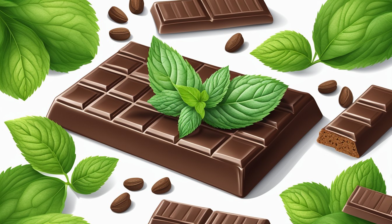 A chocolate mint nutrition bar surrounded by fresh mint leaves and cocoa beans