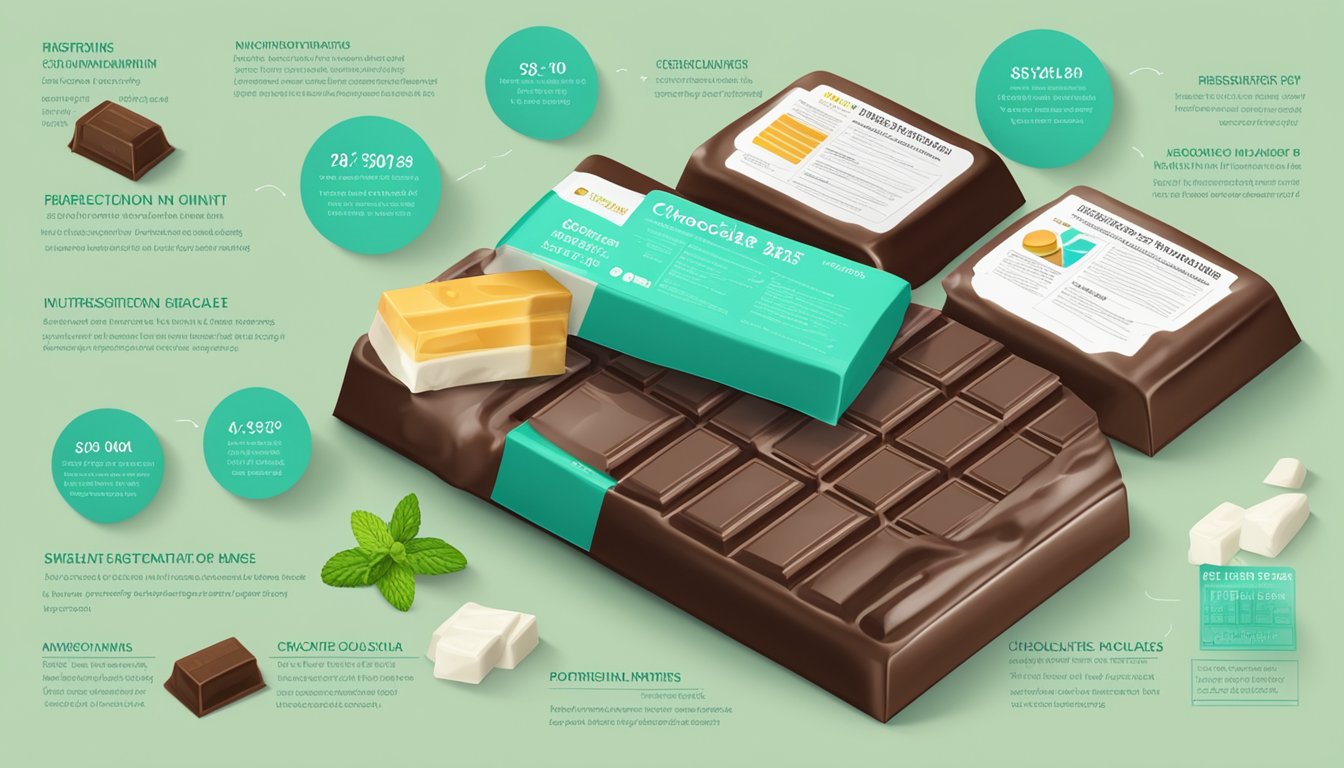 A chocolate mint nutrition bar surrounded by various sources of research and nutritional information