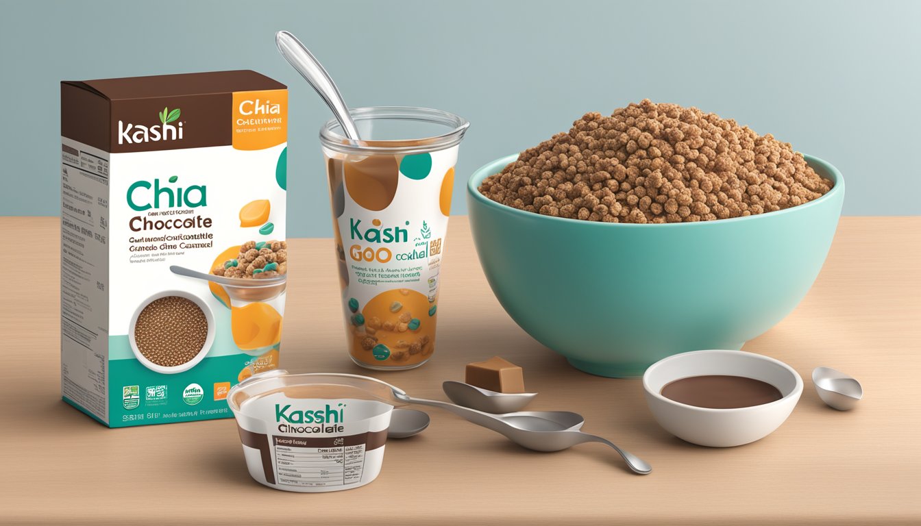 A bowl of Kashi GO Chocolate Caramel Chia cereal next to a measuring cup and the nutrition label on the box