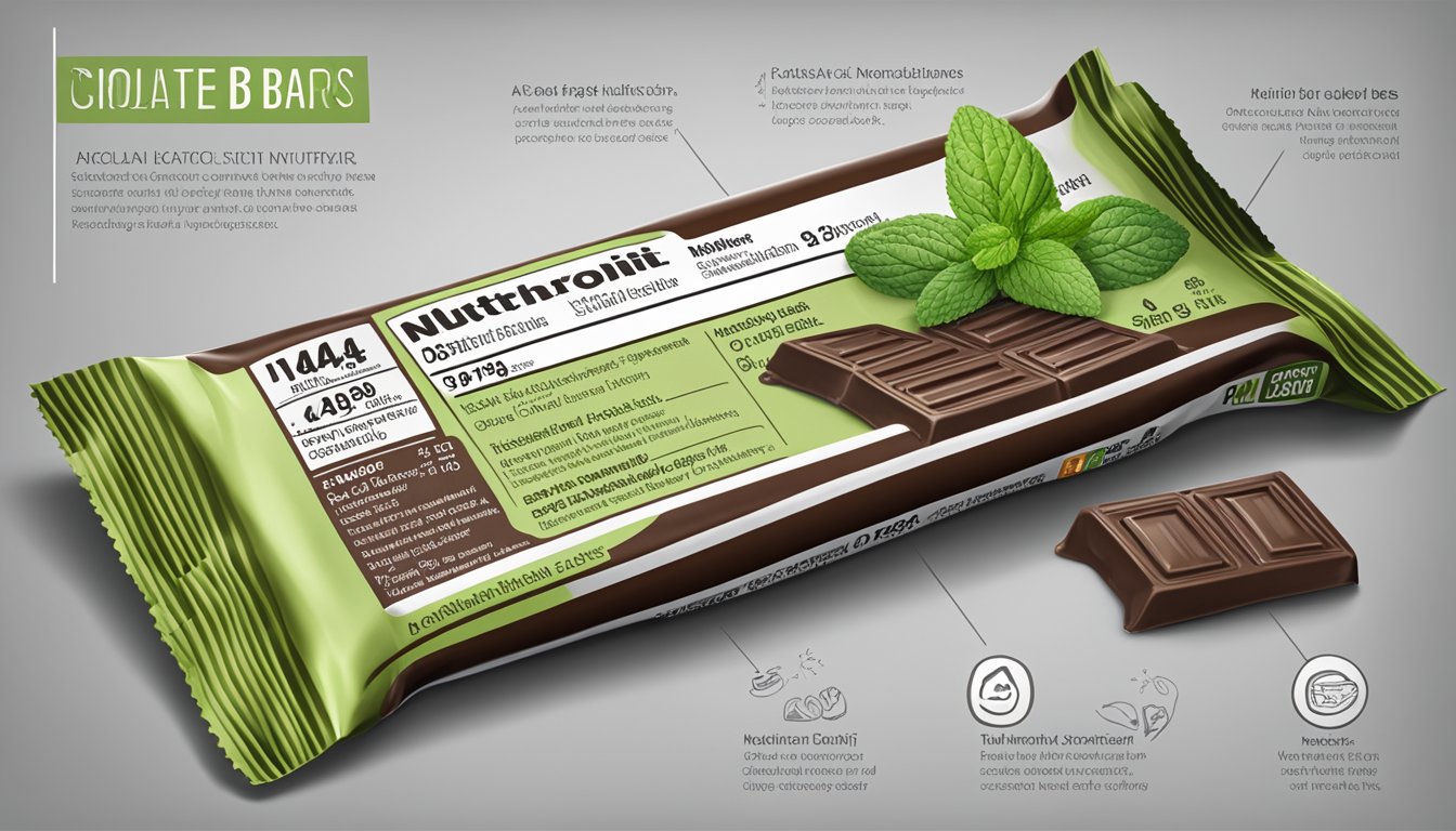 A chocolate mint nutrition bar surrounded by ingredient list and nutritional facts