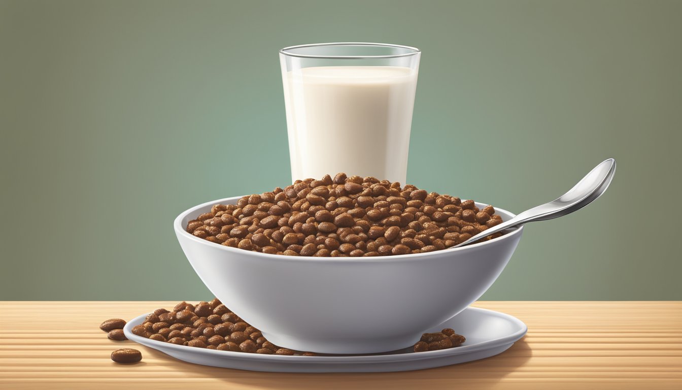 A bowl of Kashi GO Chocolate Caramel Chia cereal next to a glass of milk with a spoon on a wooden table