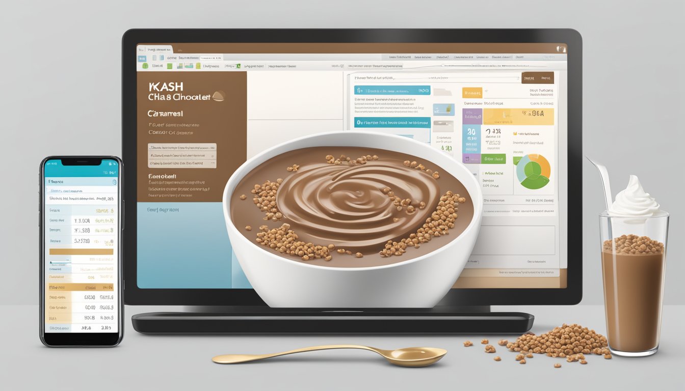 A bowl of Kashi GO Chocolate Caramel Chia cereal with a spoon, milk, and the nutritional facts displayed on a computer screen