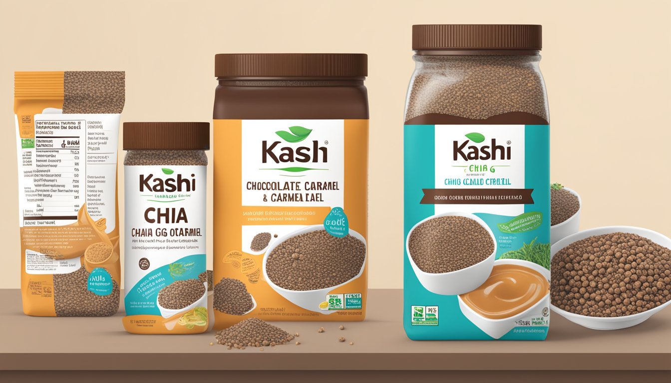 A table with a box of Kashi GO Chocolate Caramel Chia cereal, surrounded by scattered chia seeds and nutritional information labels