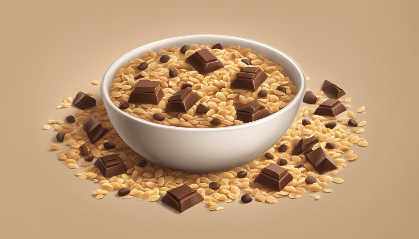 A bowl of Fiber One Oats and Chocolate cereal surrounded by scattered oats and chocolate pieces