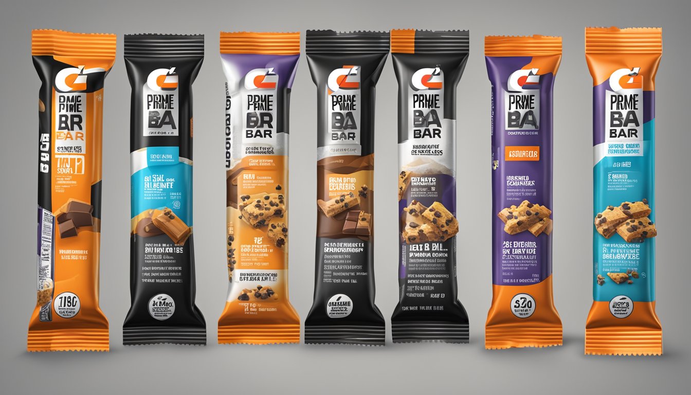 A Gatorade Prime Energy Bar Chocolate Chip surrounded by various other energy bars, with a focus on the nutritional facts label