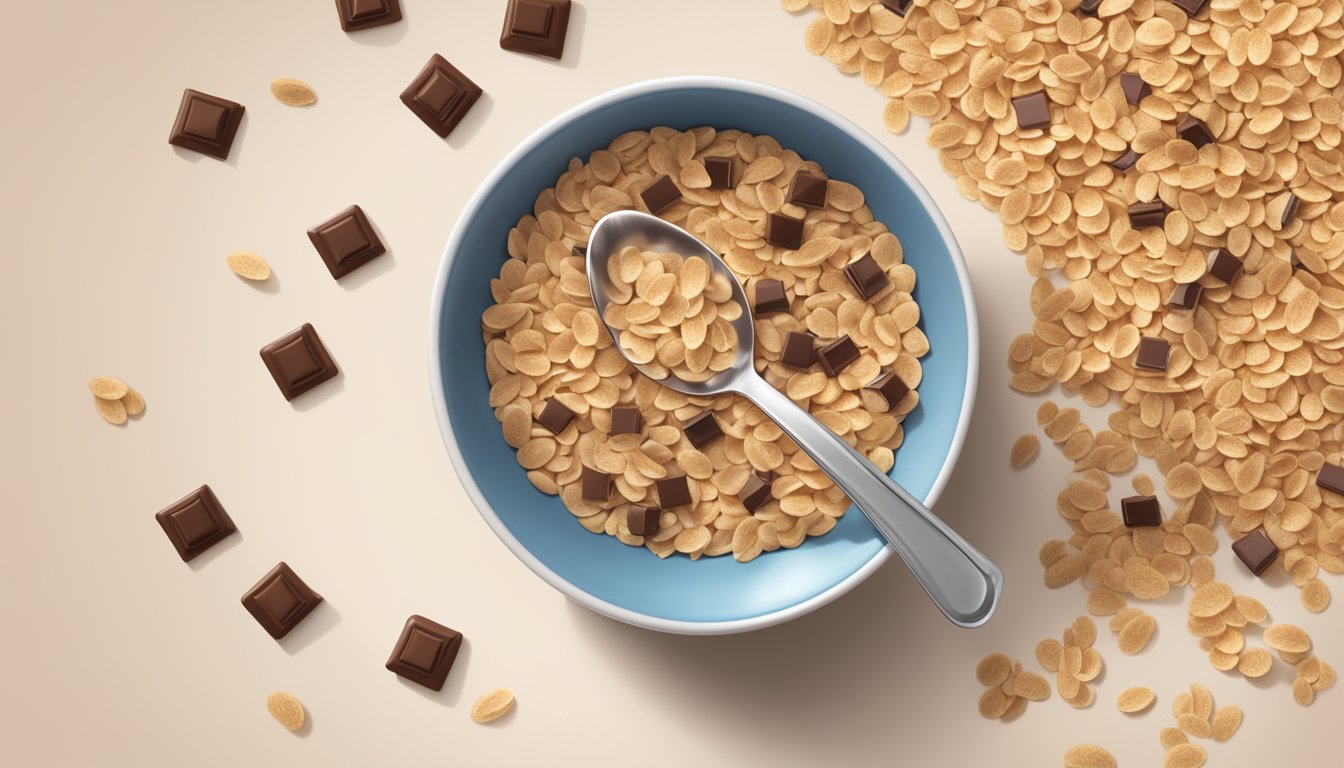 A bowl of Fiber One Oats and Chocolate cereal surrounded by scattered oats and chocolate pieces, with a glass of milk and a spoon next to it