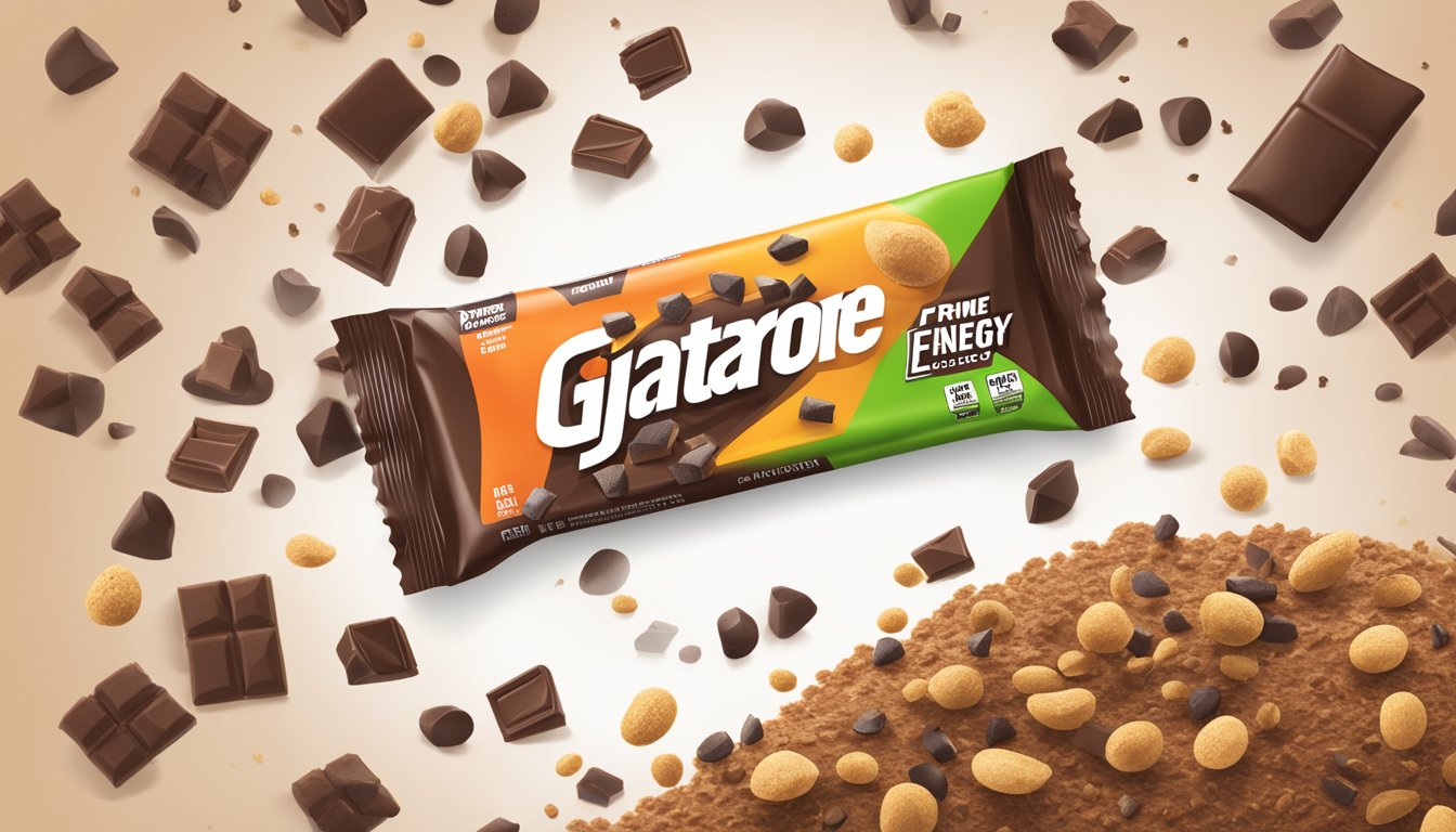 A Gatorade Prime Energy Bar Chocolate Chip surrounded by scattered nutritional ingredients