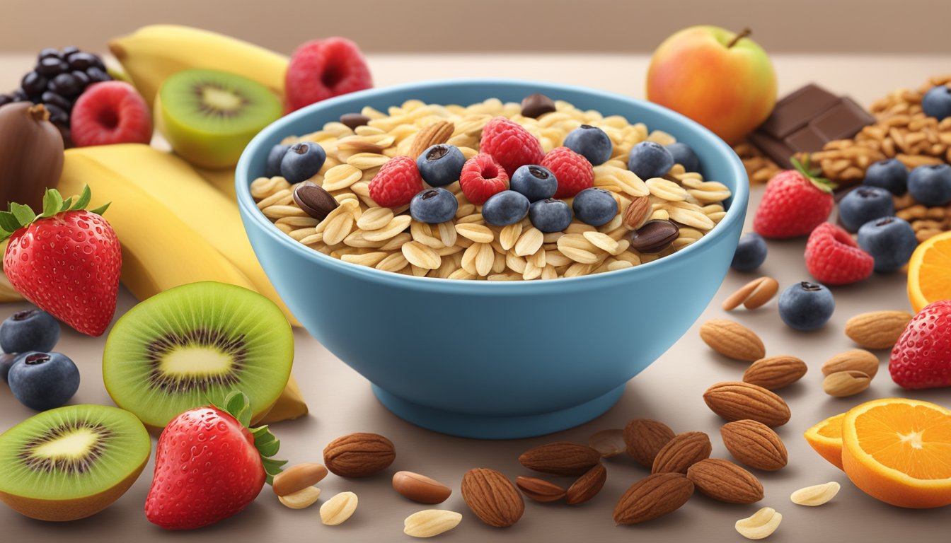 A bowl of Fiber One Oats and Chocolate cereal surrounded by a variety of fiber-rich fruits and nuts