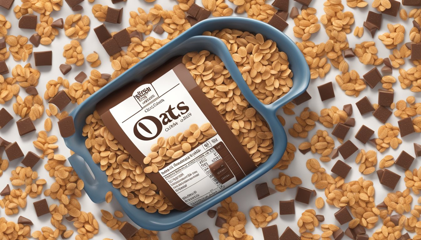 A bowl of Fiber One Oats and Chocolate cereal surrounded by scattered oats and chocolate pieces, with a nutrition label in the background