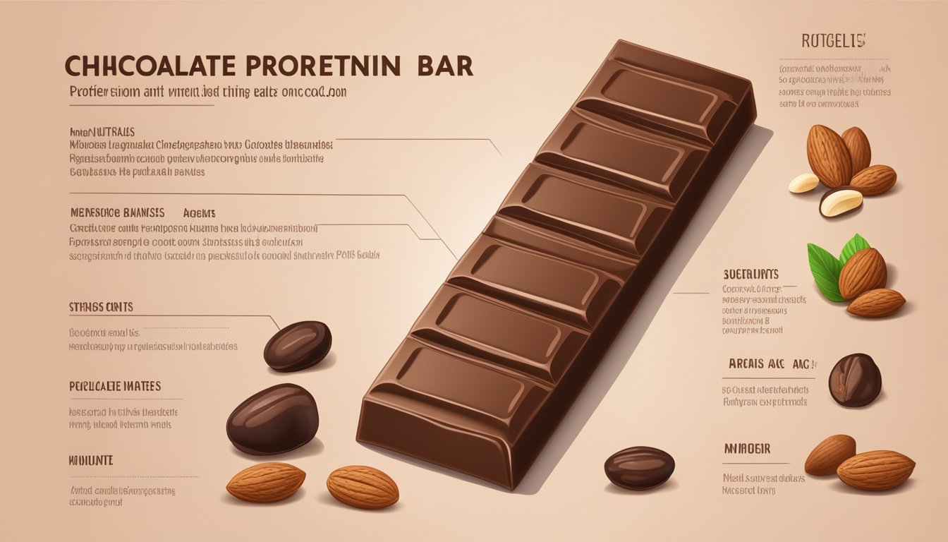 A chocolate protein bar surrounded by ingredients like nuts and cocoa beans, with a nutrition label next to it