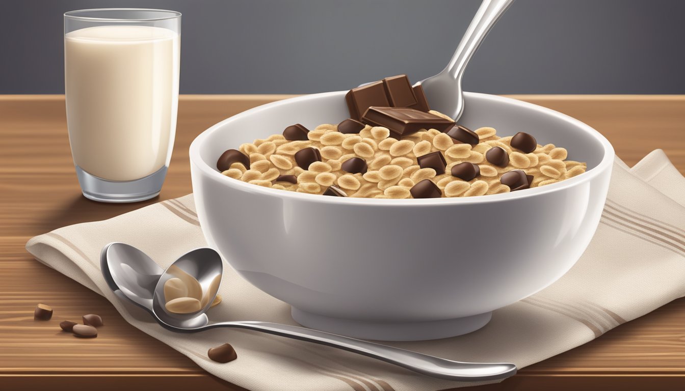 A bowl of Fiber One Oats and Chocolate cereal with milk, a spoon, and a napkin on a wooden table