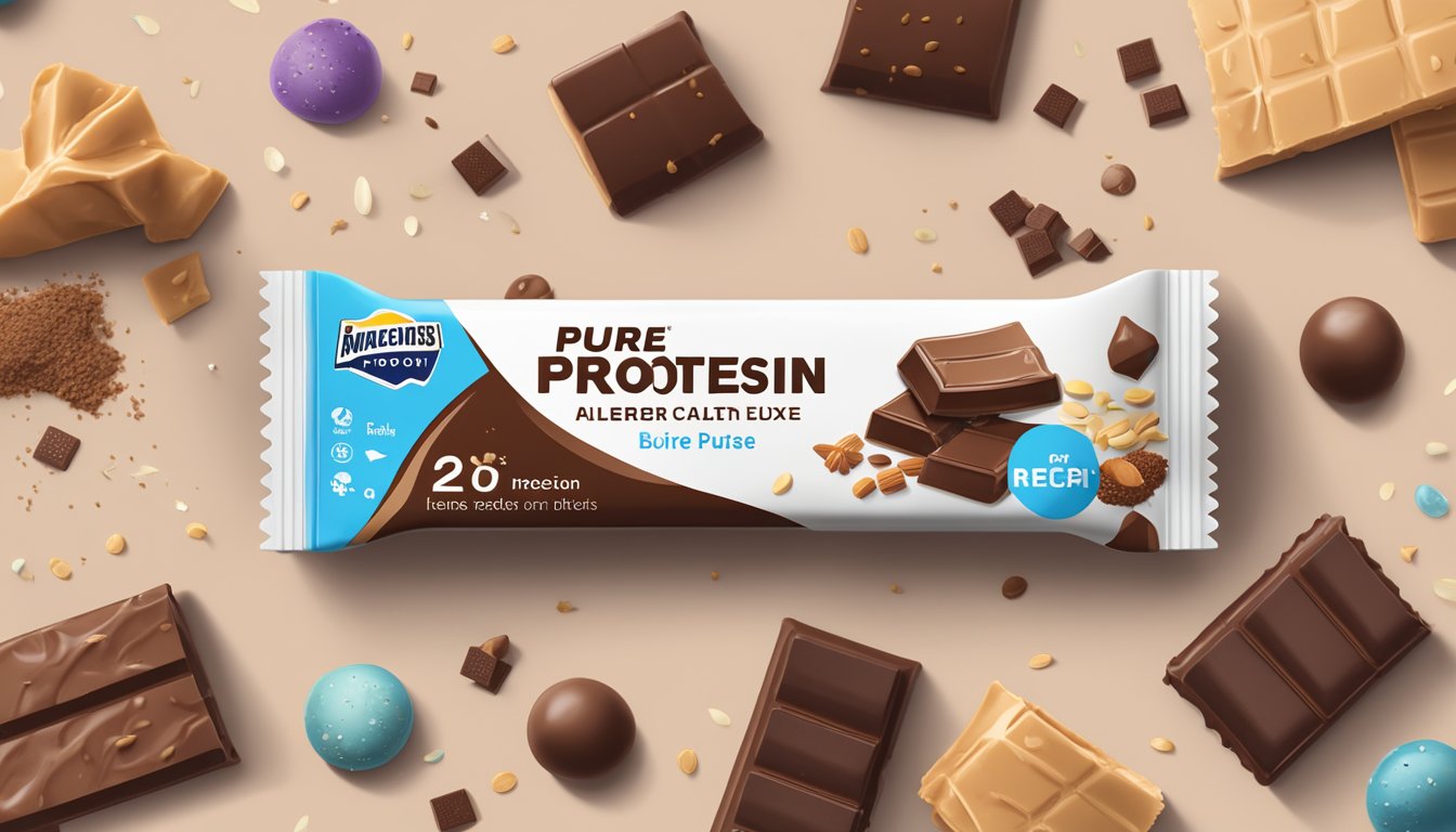 A Pure Protein Bar Chocolate Deluxe surrounded by scattered ingredients and allergen symbols