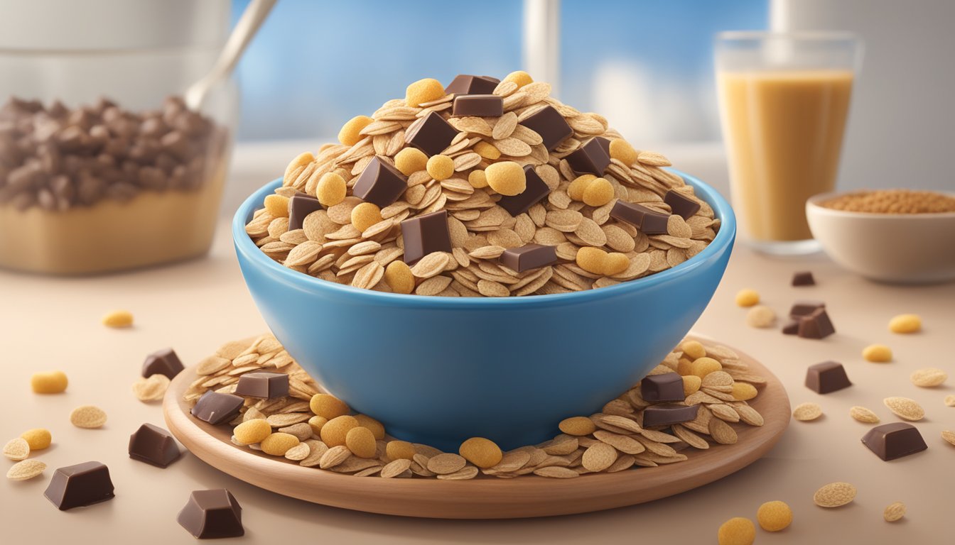 A bowl of Fiber One Oats and Chocolate cereal surrounded by scattered oats and chocolate pieces, with the nutritional facts label visible