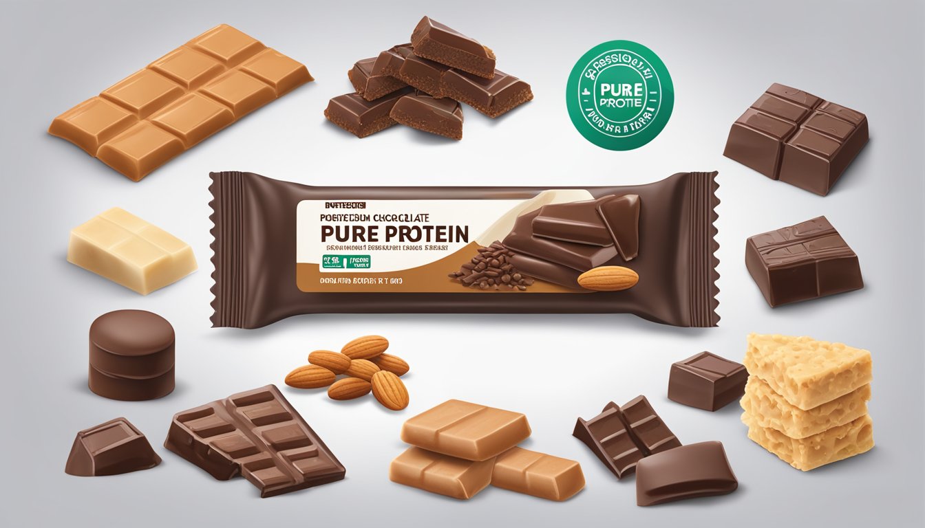 A Pure Protein Bar Chocolate Deluxe surrounded by various food items and a nutrition label