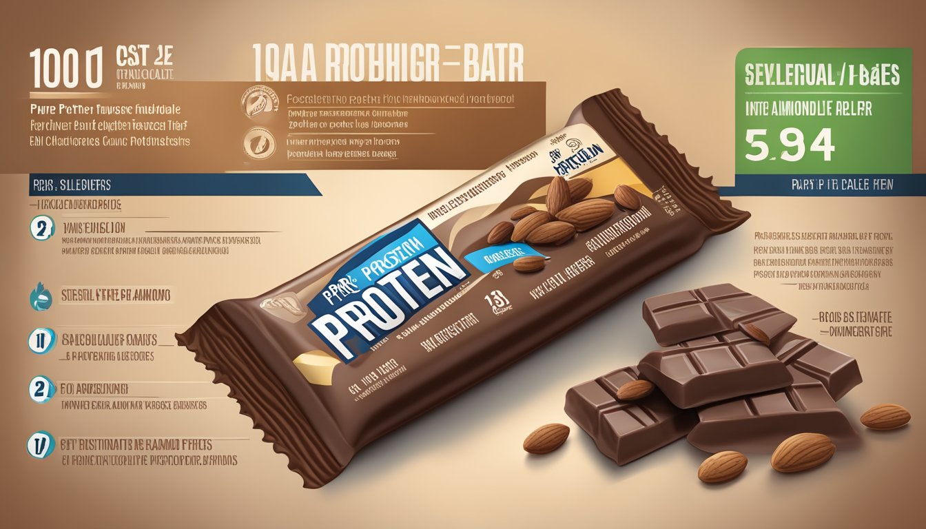 A Pure Protein Bar Chocolate Deluxe surrounded by various ingredients like cocoa beans, almonds, and whey protein, with a focus on the nutritional facts label