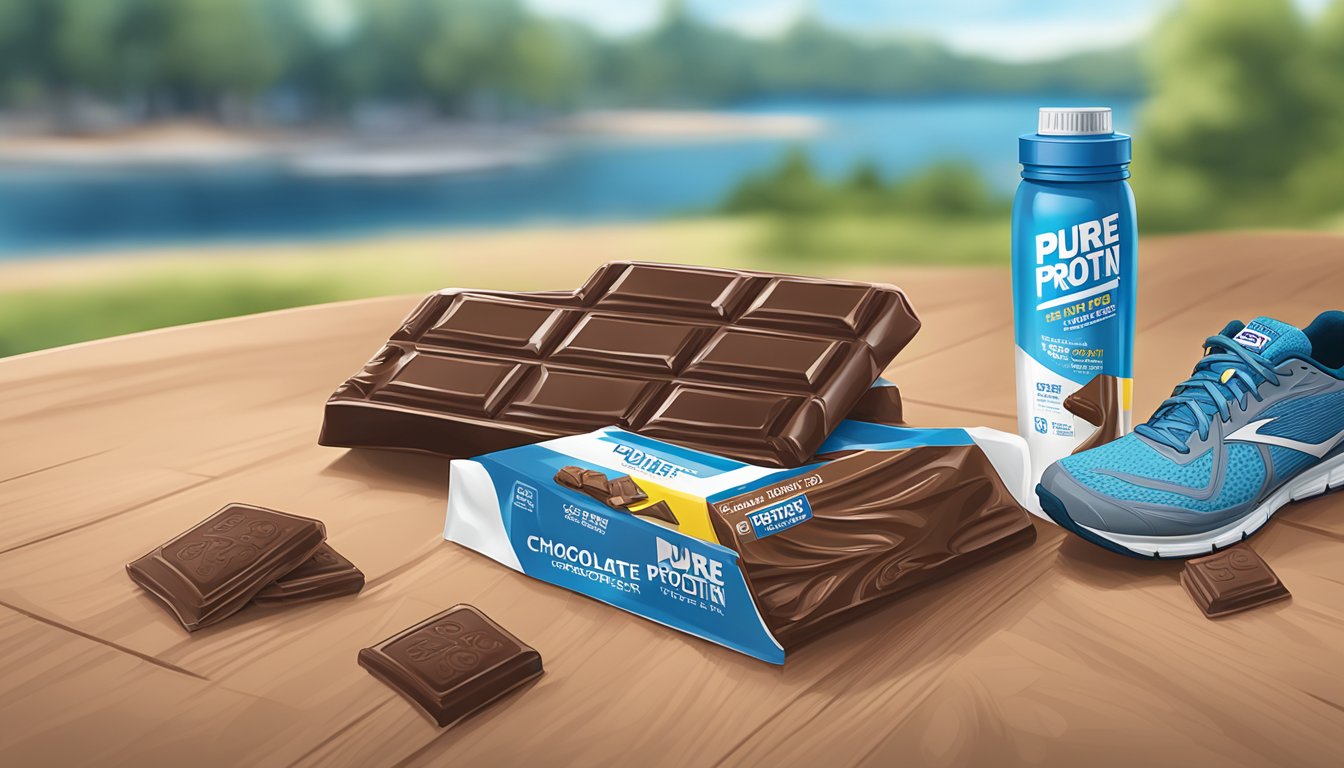 A Pure Protein Bar Chocolate Deluxe sits on a wooden table next to a water bottle and a pair of running shoes