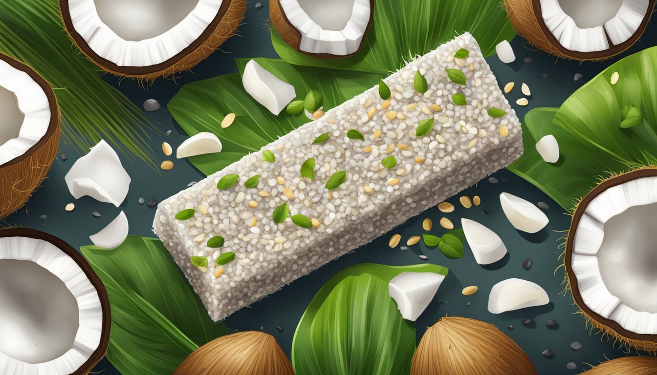 A coconut chia bar surrounded by fresh coconut, chia seeds, and other natural ingredients