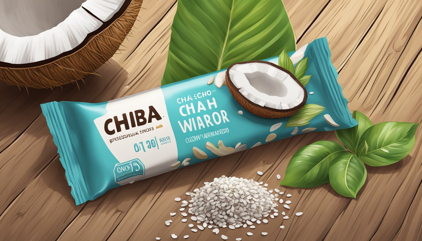 A Health Warrior Chia Bar Coconut surrounded by scattered chia seeds and coconut pieces on a wooden surface