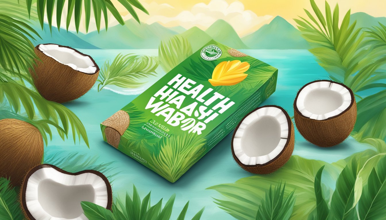 A Health Warrior Chia Bar Coconut surrounded by chia seeds, coconuts, and a lush tropical background